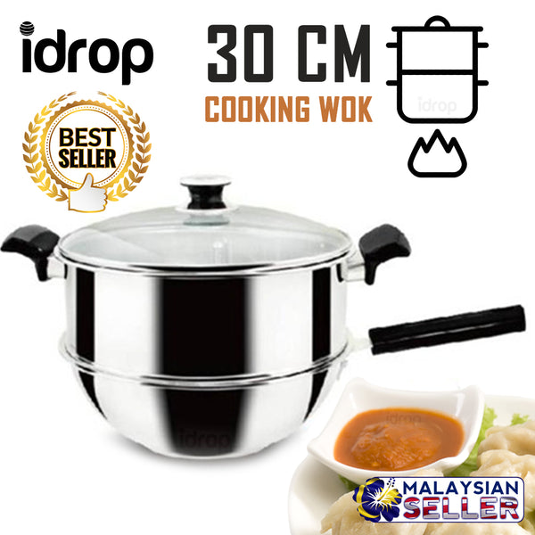 idrop  30CM 2 Layer Kitchen Cooking Steam Wok Fry Pan
