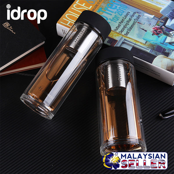 idrop Drinking Flask Glass Water Bottle Water Container [ 350ml ] - With Brew Filter Cap