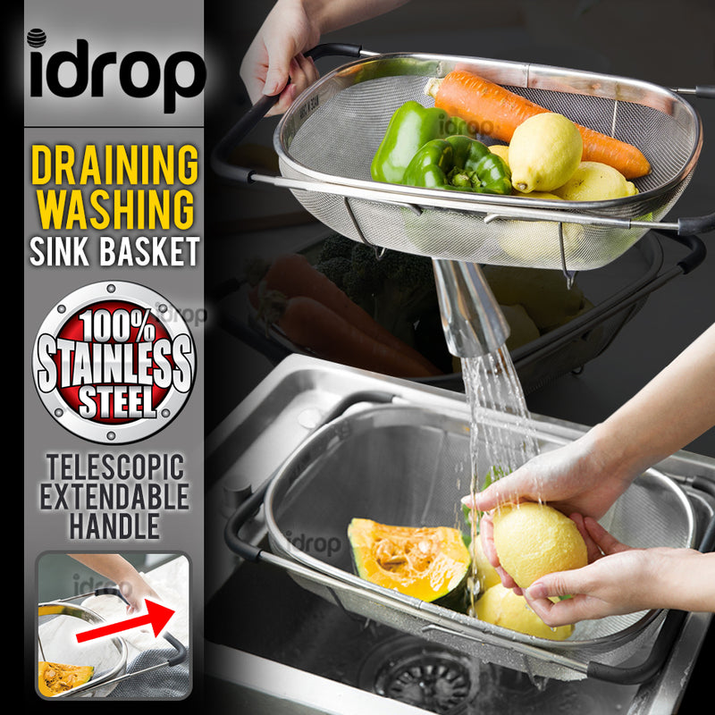 idrop Telescopic Stainless Steel Kitchen Colander Strainer Draining & Washing Basket