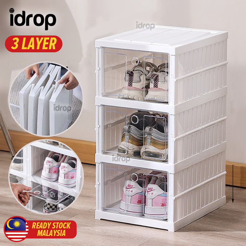 idrop [ 3 LAYER ] Plastic Shoe Box Storage / Bekas Kotak Penyimpanan Kasut / 三层免安装鞋盒(3矮)