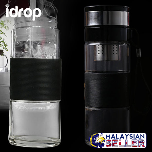 idrop Glass Flask Drinking Bottle Water Container [ 370ml ] with Tea / Coffee Filter Cap