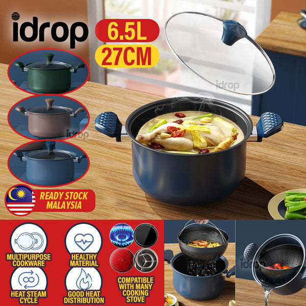 idrop [ 6.5L ] 27CM Multifunction Cooking Pot + Drainage Basket / Periuk Memasak Dengan bakul Basuh / 27CM多功能烹饪锅6.5L