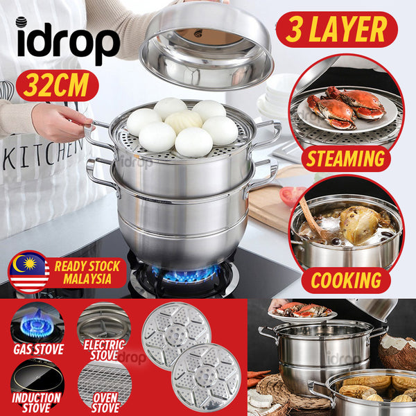 idrop [ 32CM ] 3 LAYER Multifunction SUS304 Stainless Steel Kitchen Cooking Steam Pot / Kuali Periuk Stim dan Memasak / 32CM不锈钢法拉赫三层多用