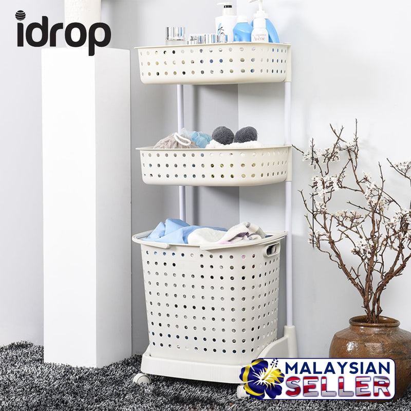 idrop 3 Layer Laundry & Toiletry Rack Shelf - Movable Rack Shelf with Basket & Wheels