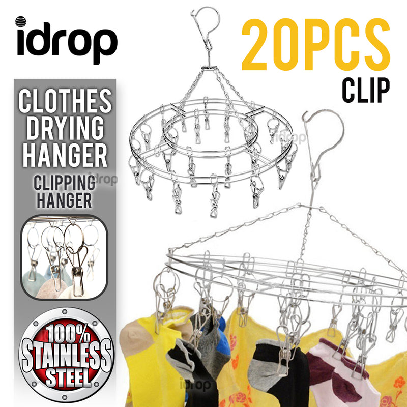 idrop 20 Clip Stainless Steel Large Round Sock & Undergarment Drying Hanger / Panyangkut Baju Kain