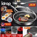 idrop [ 28CM ] 7 LAYER SUS316 Stainless Steel Honeycomb Nonstick Cooking Frying Pan / Kuali Memasak Tidak Lekat Keluli Tahan Karat / (316内外蜂窝)28CM双面屏煎盘(玻璃盖)(直 身)