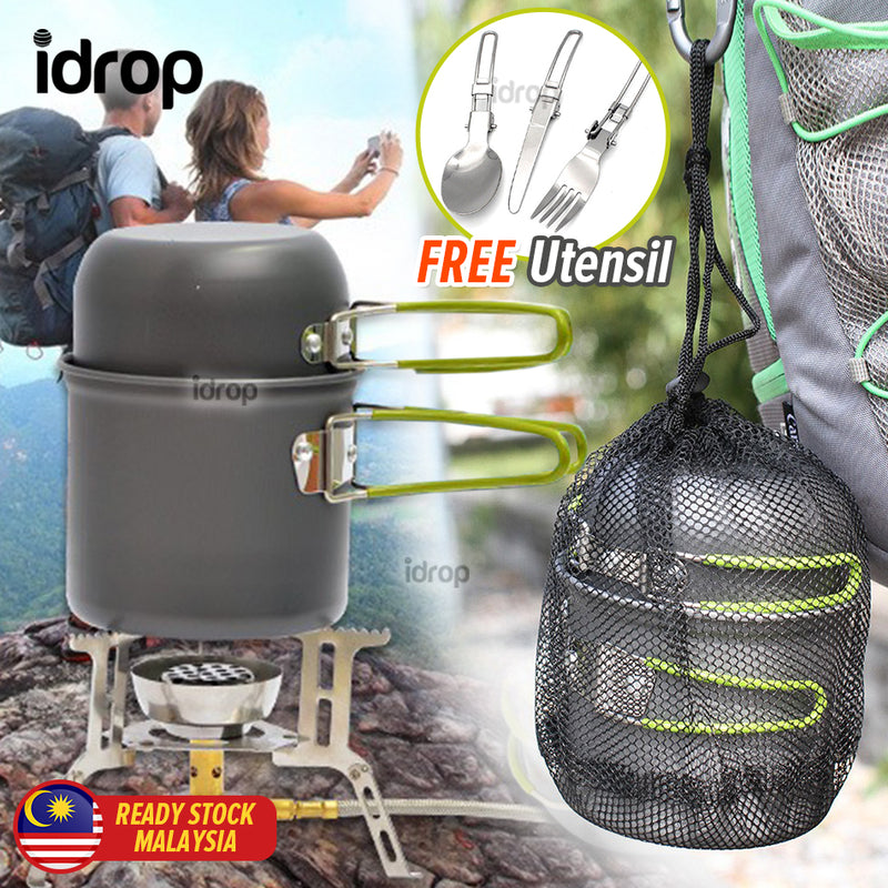 idrop Outdoor Camping Aluminium Alloy Cooking Pot & Cup Set with Eating Utensils / Set Periuk Memasak Berkhelah & Perkakas Makan / 户外单人1人炉头套锅不粘锅 便携式超轻野营野餐锅具炊具