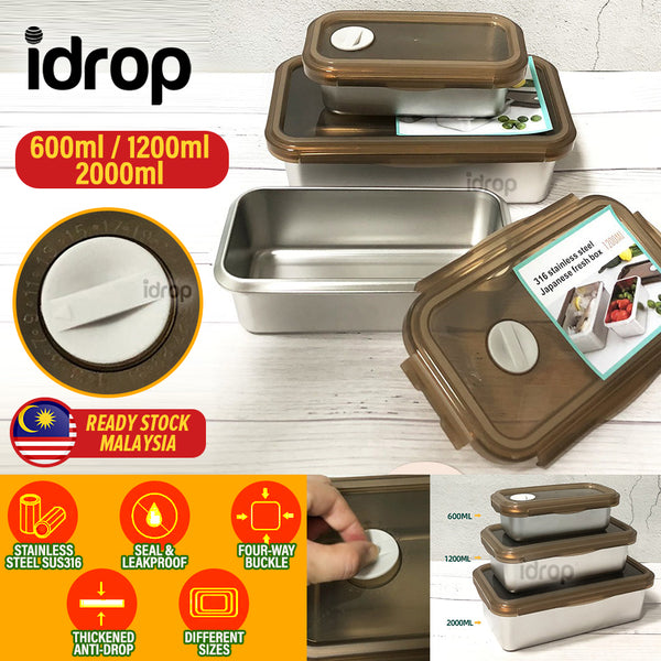 idrop [ 3PCS SET ] SUS316 Stainless Steel Lunch Box [ 600ml / 1200ml / 2000ml ] Rectangular Bento with Sealed Lid Cover / Bekas Makanan Keluli Tahan Karat 3 Set / 日式扁长形316不锈钢保鲜盒三件套(2000/1200/600ML)