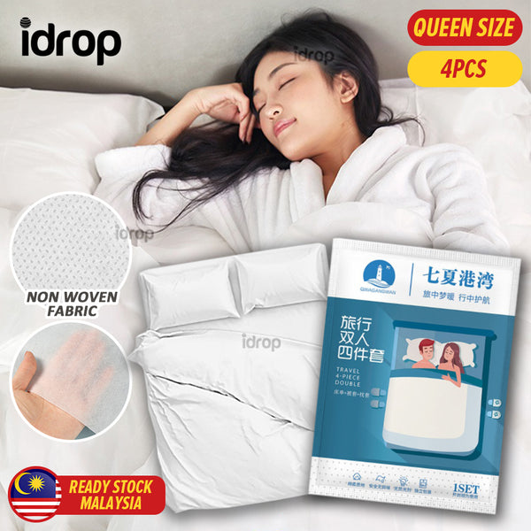 idrop [ QUEEN SIZE ] Hotel Disposable Bed Sheet Quilt Pillow Case Cover / Cadar Katil Selimut & Bantal Pakai Buang / 旅行双人四件套床套套装(七厦 港湾QIXIAGANWAN)