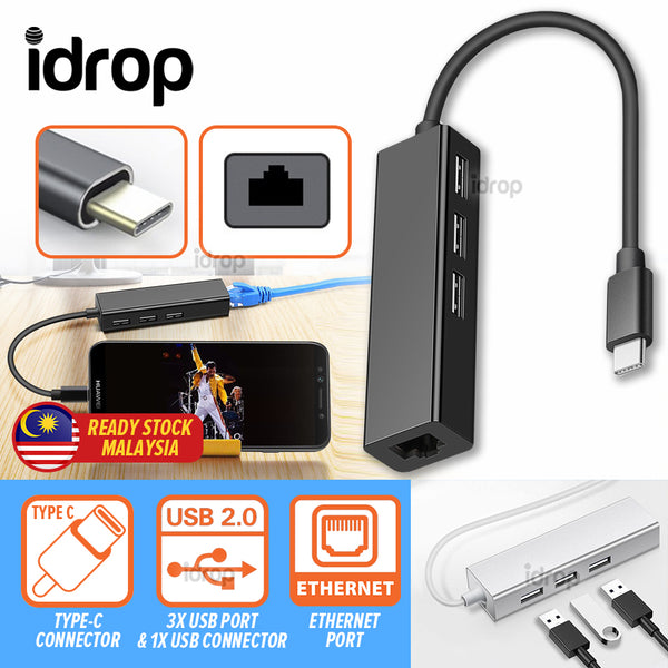 idrop 1 Port Type-C USB to Ethernet Cable & 3 USB 2.0 Port Cable Hub