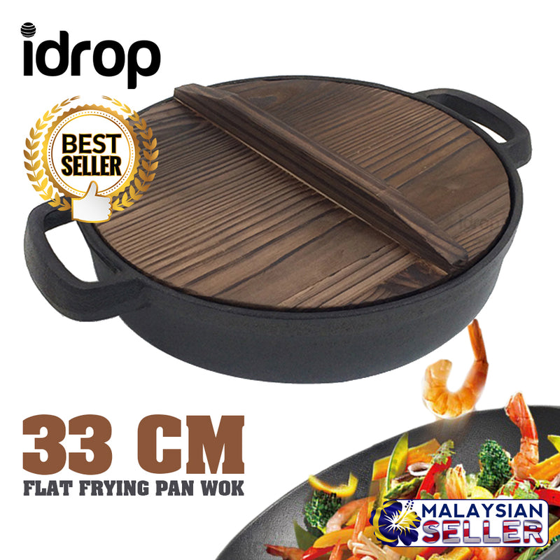 idrop 33CM CAST IRON - Flat Frying Pan Wok with wooden handle