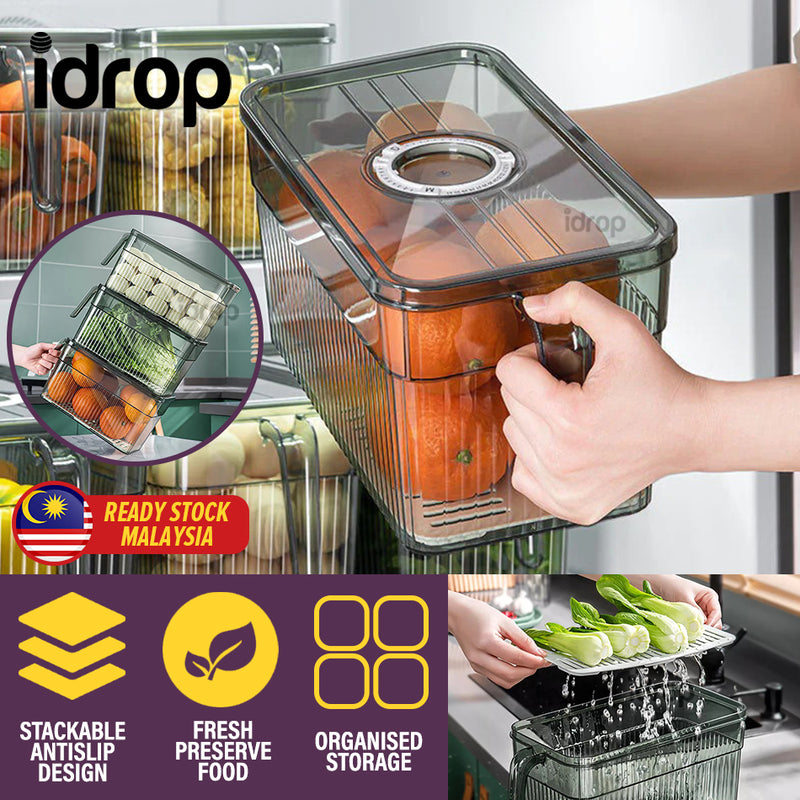 idrop Refrigerator Food Storage Box Container / Kotak Bekas Penyimpanan Makanan Peti Ais / 冰箱计时塑料收纳盒小号 (13.5CM X 13.5CM X 25.5CM )
