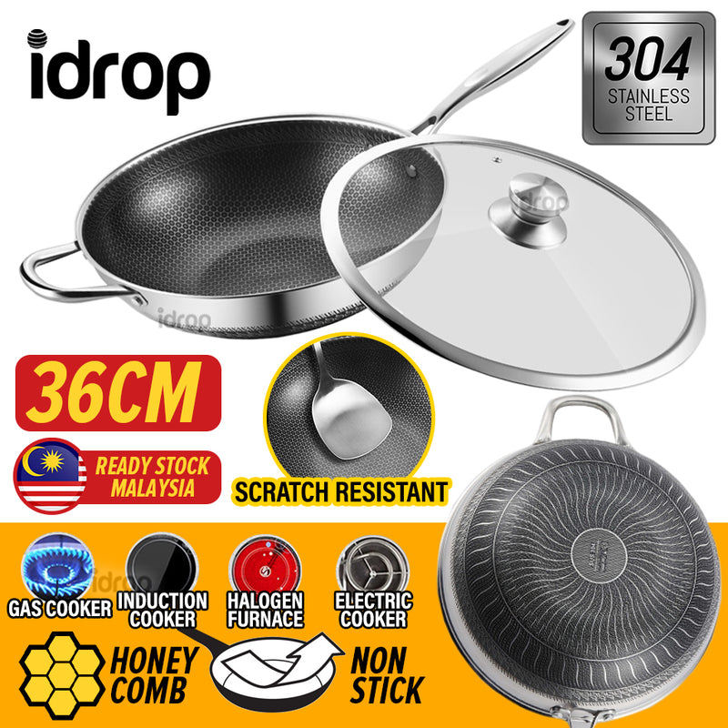 idrop 36CM SUS304 Stainless Steel Nonstick Honeycomb Frying Cooking Wok