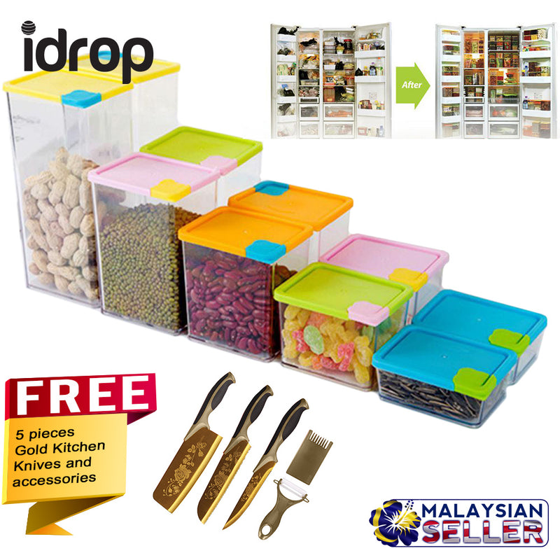 idrop COMBO 6 Pcs Stackable Spice & Food Storage Box Container + FREE 5 GOLD Kitchen Knife & Cutting set