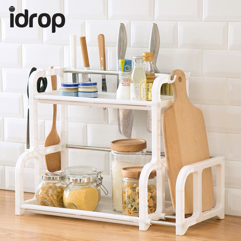 idrop Kitchen Organiser Shelf 2 Layer Shelving with Side Storage, Hooks, and Utensil Cups - 2 Layers Kitchen Plastic Shelf -