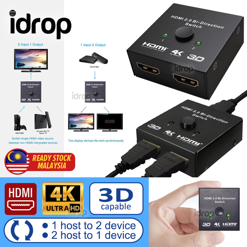 idrop HDMI 2.0 Bi-Direction Switch | 1 Host to 2 Device / 2 Host to 1 Device | Support 4K Ultra HD & 3D Resolution