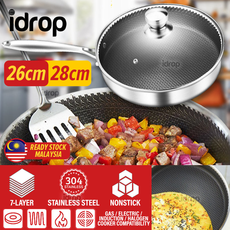 idrop [ 26cm / 28cm ] SUS304 Stainless Steel Nonstick Honeycomb Seven Layer Frypot Cooking Frying  Pan