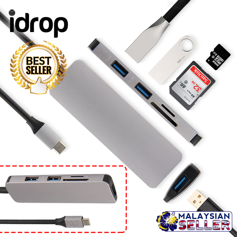 idrop USB C to USB 3.0x3 + SD / TF  Card Reader Multifunction Adapter