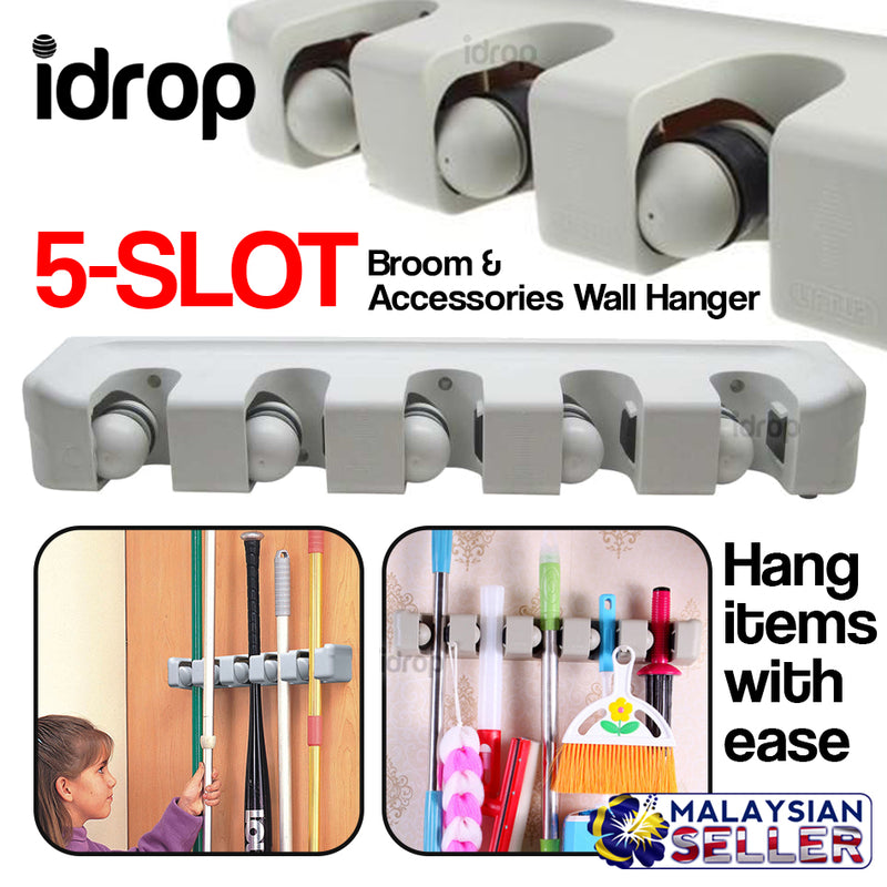idrop 5 Slot Multi-Functional Mop Broom and Household item Holder Hanger