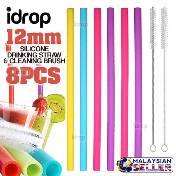 idrop 12MM Colorful Silicone Drinking Straw and Cleaning Brush Set [ 8pcs ]