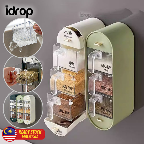 idrop Wall Mounted Vertical Seasoning Storage Box 5-Grid / Bekas Penyimpanan Perempah / (强力胶)5012#挂壁墙上5格调味收纳盒