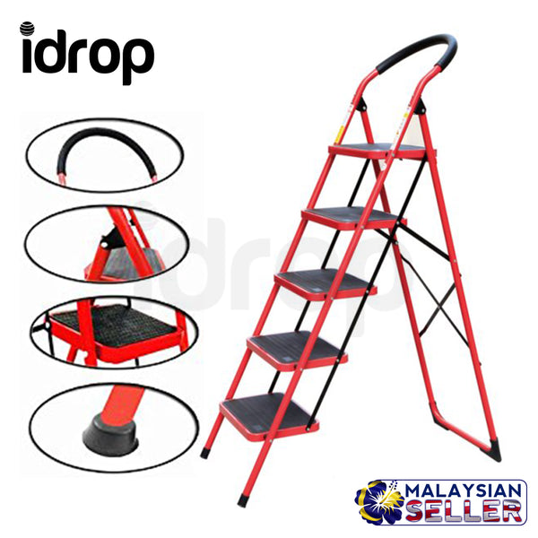 idrop Heavy Duty Foldable Red 5 Step Iron Household Ladder