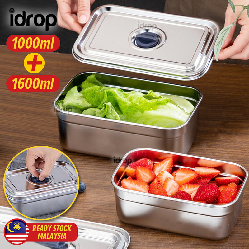 idrop [ 1000ml +1600ml ] SUS304 Stainless Steel Food Storage Fresh Keeping Container Set / Bekas Makanan Keluli Tahan Karat / (1000+1600ML)全钢密封保鲜盒方形2件套 (304)