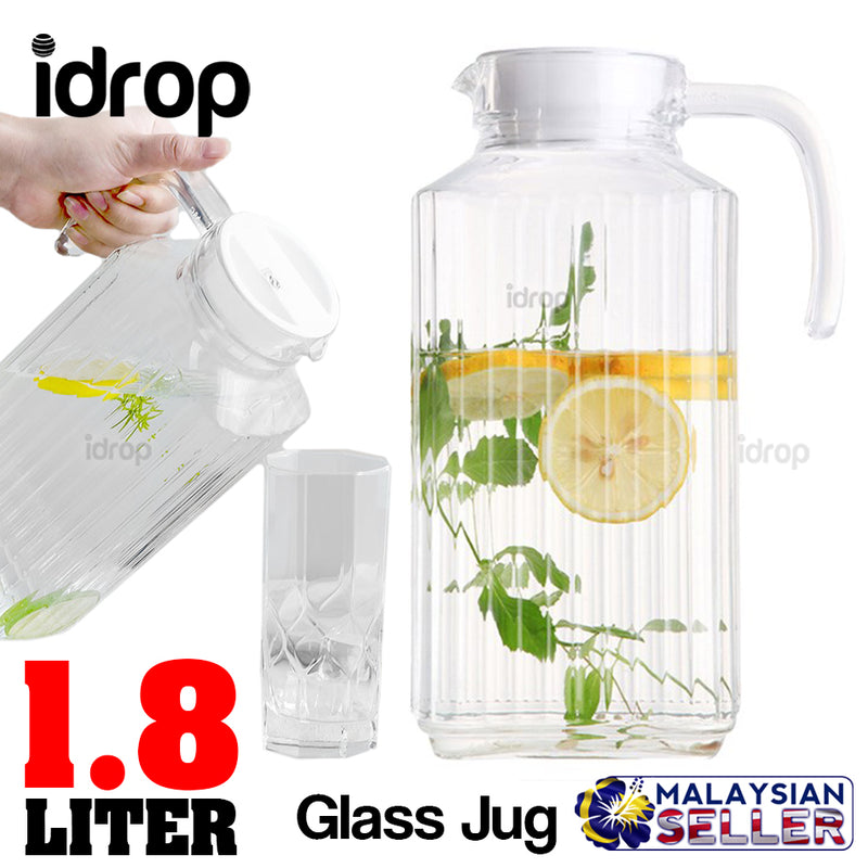 idrop 1.8L Drinking Glass Serving Jug Cold & Hot Water Beverage Drink Juice Tea
