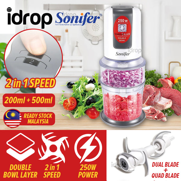 idrop [ SONIFER ] 2 IN 1 Double Layer Food Chopper Blender Dual Speed 250W / Pengisar Makanan Dua dalam Satu / 500+200ML双层碎肉机 [ 200ml + 500ml ]