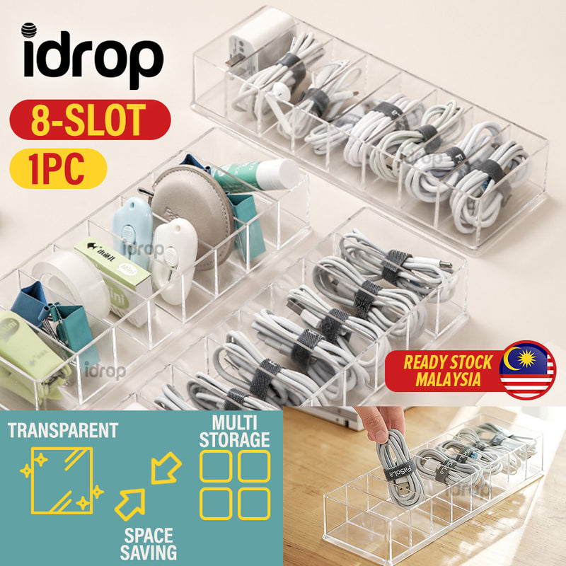 idrop [ 8 SLOT ] Table Desktop USB Data Cable & Accessory Storage Box / Kotak Penyimpanan Kabel USB & Aksesori / 塑料透明8格不带盖桌面数据线收纳盒(桌面数据线收纳神器)25*8.5*4.8CM