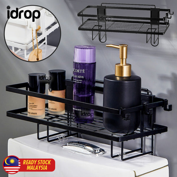 idrop Single Layer Iron Toilet Shelf Storage Rack with Hooks / Rak Penyimpanan Barang Tandas Jamban / 单层马桶上方置物架