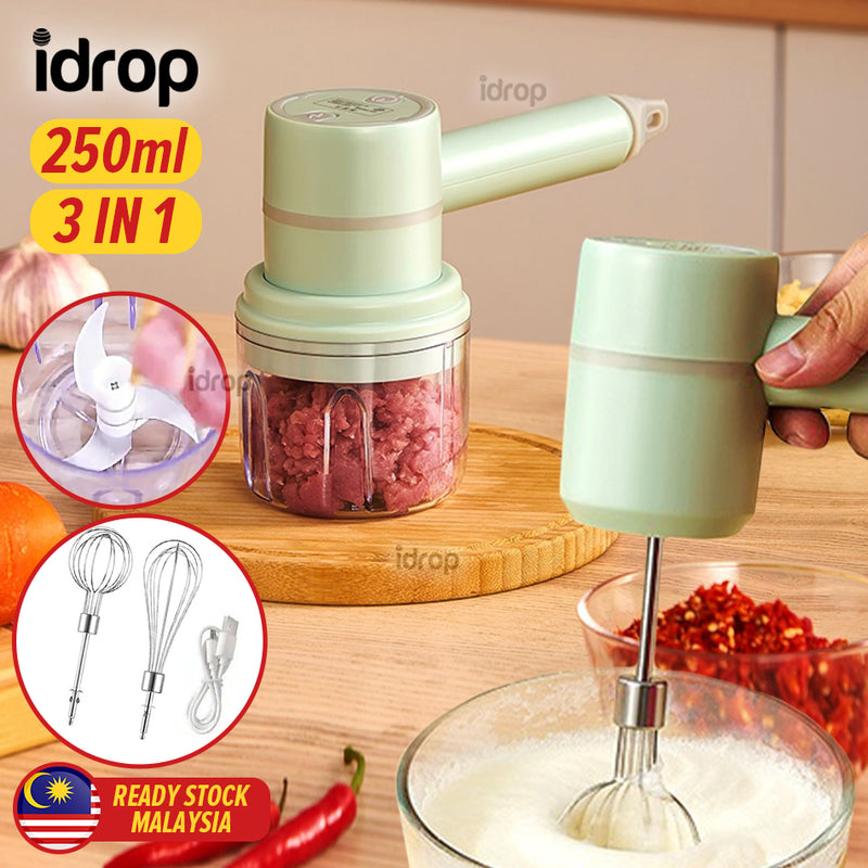 idrop [ 3 IN 1 ] 250ml Multifunction Mini Electric Egg Beater Whisk & Blender USB Powered / Pemukul Telur Elektrik Mini Pelbagai Fungsi & Pengisar USB / 20W三合一 玻璃250ML料理机(三叶刀, 12线棒, 奶油棒)