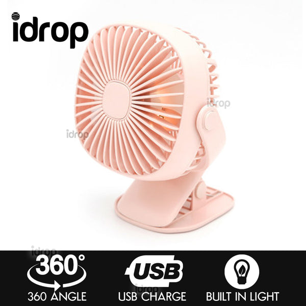 idrop 360 degree rotating Clip Hold USB rechargeable Fan adjustable speed night light fan