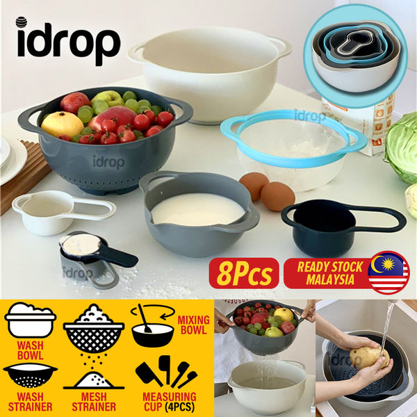 idrop [ 8PCS ] Kitchen Mixing Bowl Set Wash Bowl Mixer & Measuring Cups / Set Mangkuk Pembancuh Basuh & Set Cawan Penyukat / 8件套厨房搅拌碗套装碗搅拌器和量杯套装