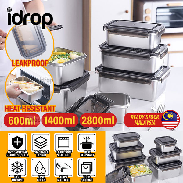 idrop [ 600ml + 1400ml + 2800ml ] SUS316 Stainless Steel Antibacterial Rectangle Food Container Food Grade Heat Resistant Lunch Box / Bekas Makanan Keluli Tahan Karat Tahan Panas / 316材质抗菌不锈钢2件套保鲜盒长方形(600ML+1400ML + 2800ml)