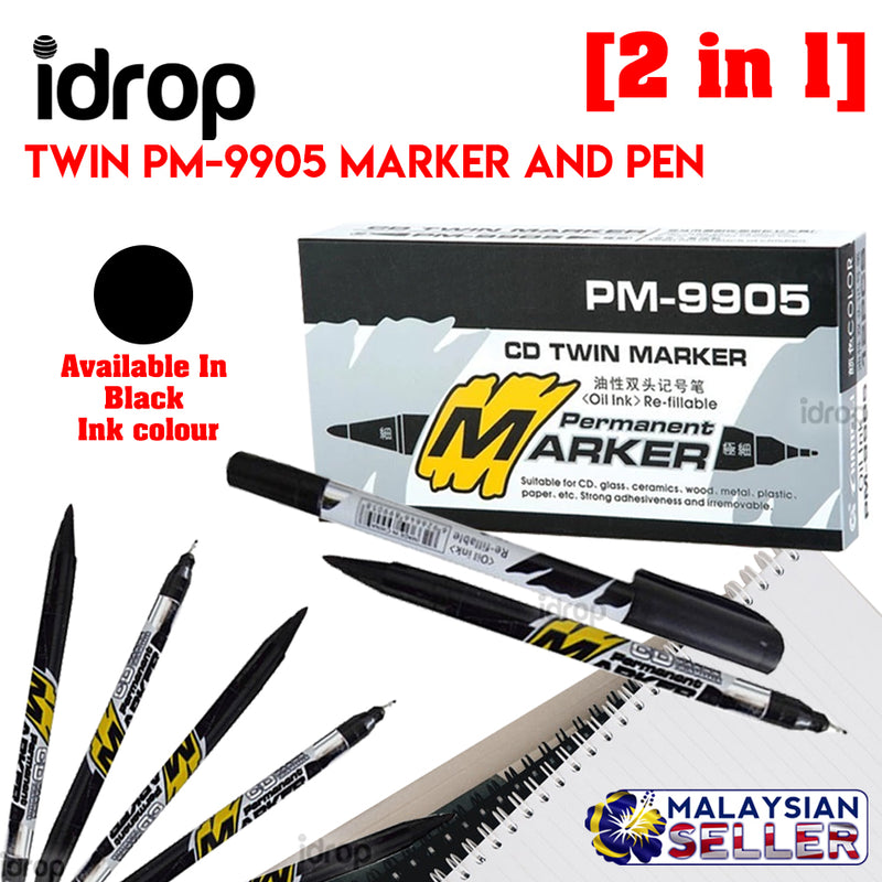 Idrop 12 Pcs PM-9905 2 In 1 CD Twin Permanent Marker and Pen Both Side Black Colour