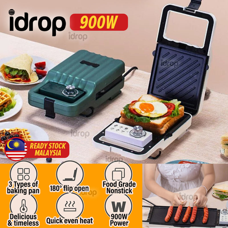 idrop Multipurpose Breakfast Maker Double Heating Sandwich Machine / Alat Masak Roti Waffle Pelbagai Guna /  定时双发热三文冶机(配双盘 )