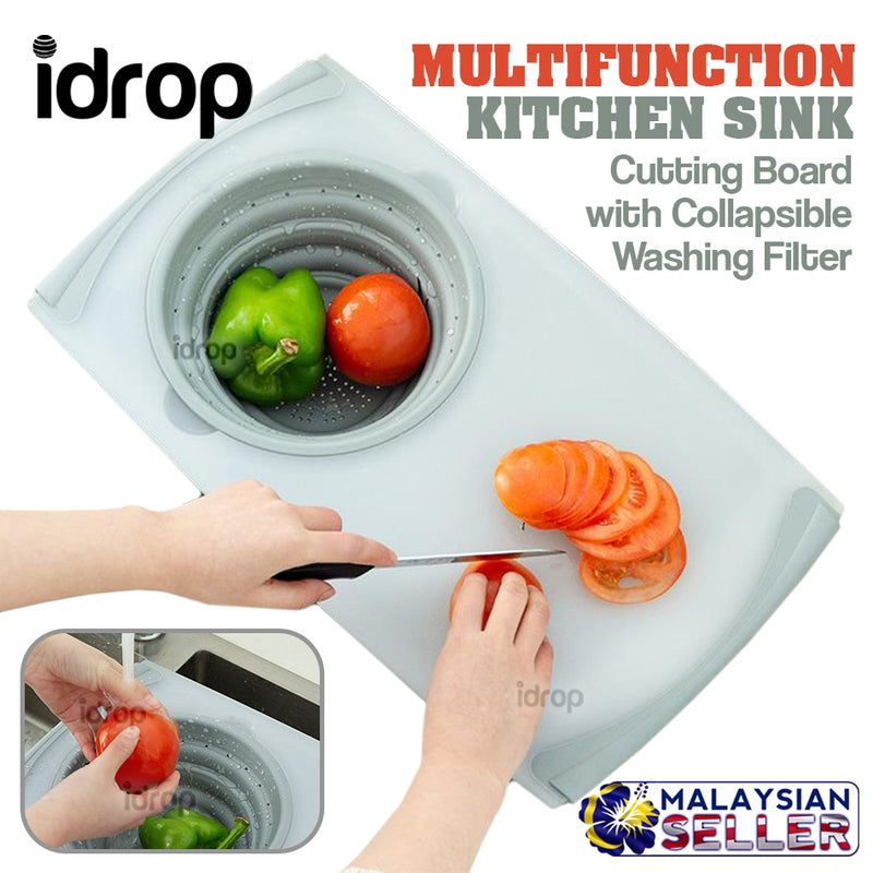 idrop Multifunction Kitchen Sink Cutting Board with Collapsible Washing Filter Basket