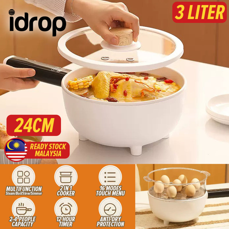 idrop [ 3 LITER ] Electric Frying Pan with Steamer Layer 1500W / Periuk Kuali Elektrik + Lapisan Stim /