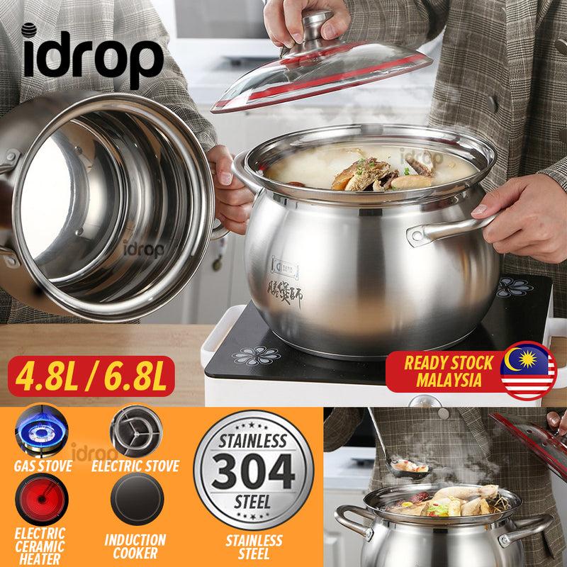 idrop [ 4.8L / 6.8L] Kitchen Cooking Soup Porridge Cauldron Stock Pot SUS304 Stainless / Steel Periuk Kuali Keluli tahan Karat /  304不锈钢膳煲师S系列高 汤锅