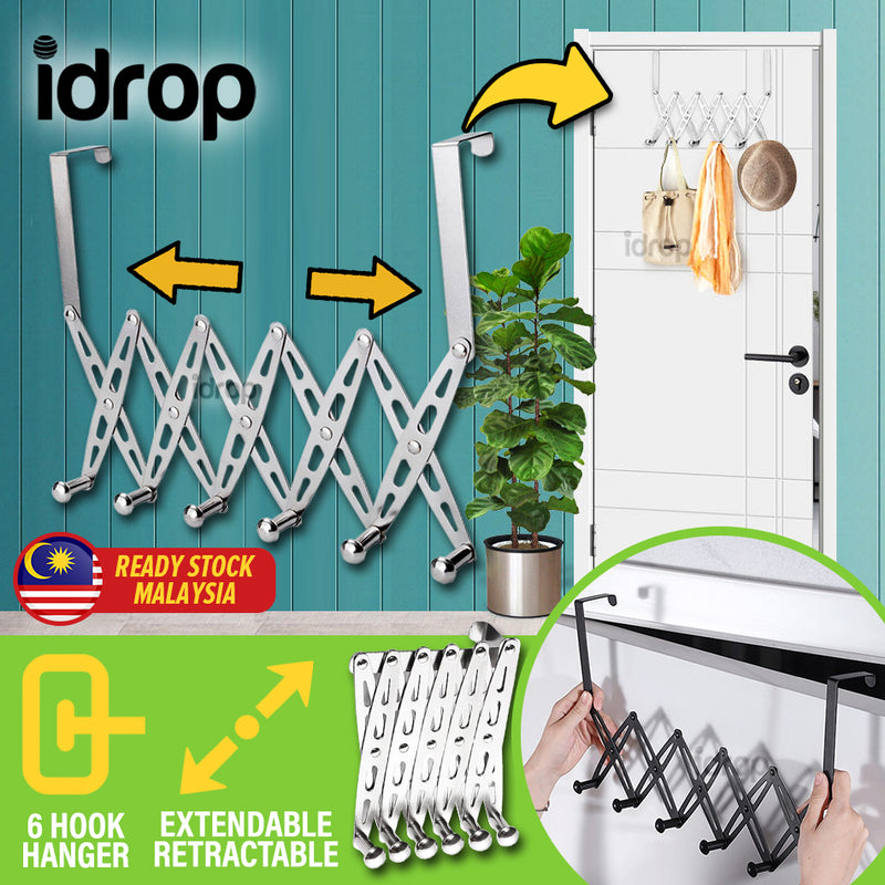 idrop [ 6 Hook ] Stainless Steel Retractable Extendable Door Hanging Hanger Hook