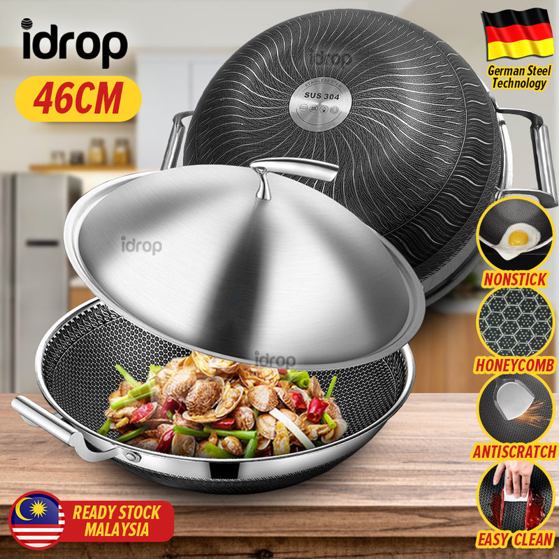 idrop 46CM SUS304 Stainless Steel Kitchen Non Stick Honeycomb Cooking Frying Wok with Lid Cover / Kuali Masak Keluli Tahan karat Bersama Penutup / 46CM SUS304不锈钢厨房不粘蜂窝烹饪炒锅带盖