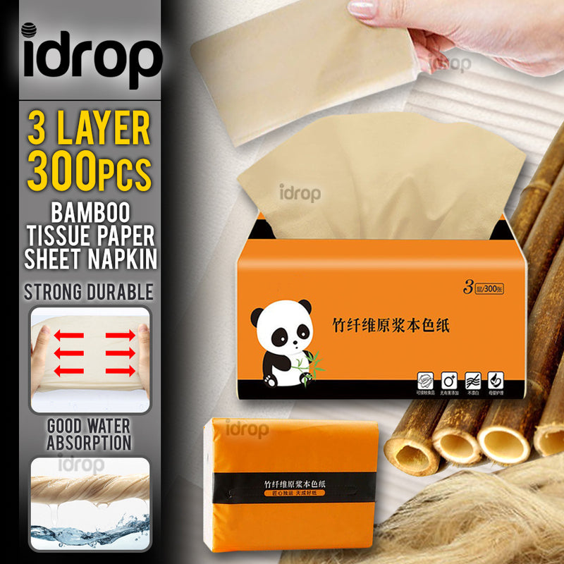 idrop [ 3 PLY LAYER / 300PCS ] Natural Bamboo Soft Facial Tissue Paper Sheet Cleaning Napkin