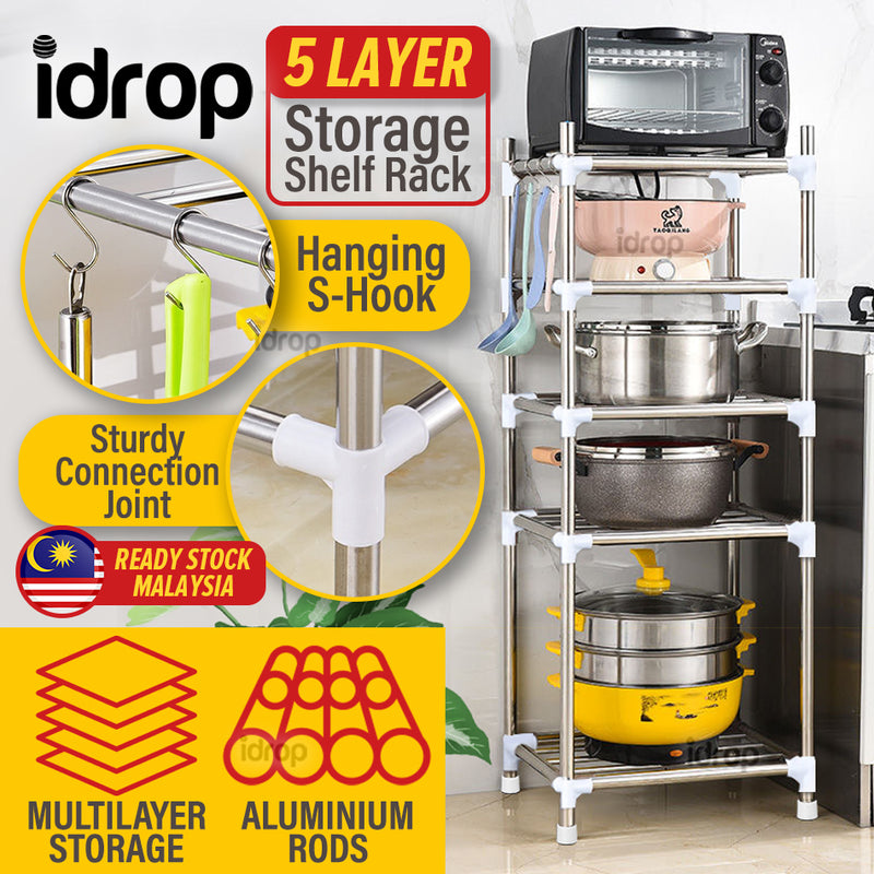 idrop 5 LAYER Tier Aluminium Household Storage Rack Shelf for [ Living Room / Kitchen / Bathroom ]