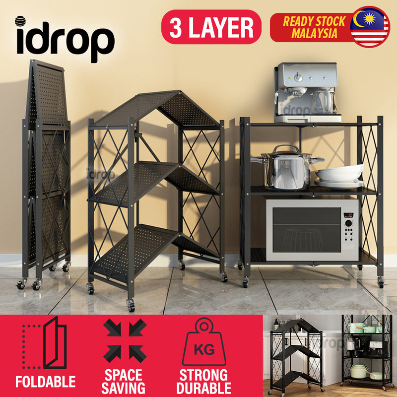 idrop 3 LAYER Foldable Portable Space Saving Kitchen Storage Shelf Rack