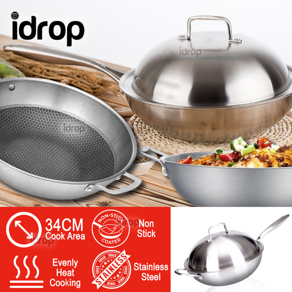 idrop 34cm Stainless Steel Non-Stick Cooking Wok with Full Lid Cover