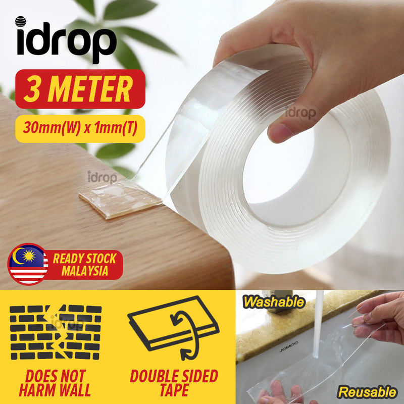 idrop [ 3 METER ] Transparent Double Sided Multipurpose Adhesive Tape 30mm Width 1mm Thickness / Pita Lekat Lutsinar Pelbagai Guna / 透明双面多用途胶带