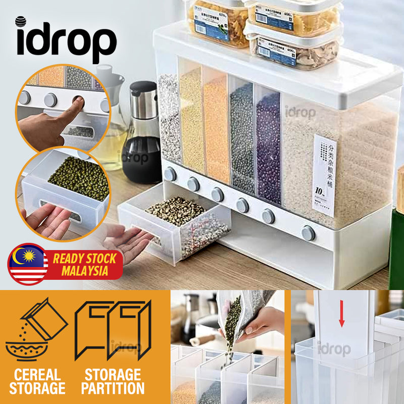 idrop [ 6 Compartment ] Cereal & Grain Food Storage Partitioned Container Dispenser