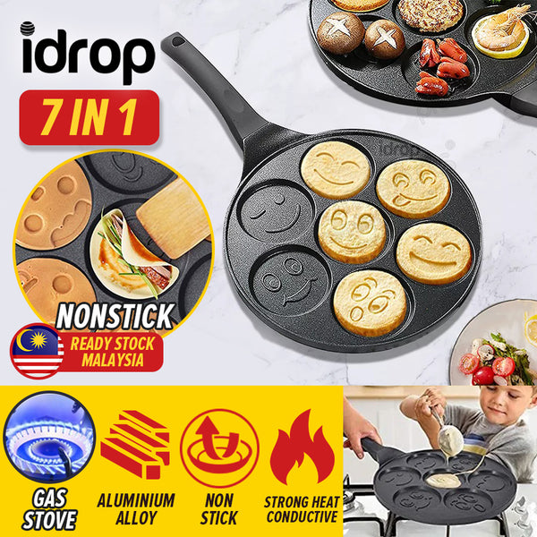 idrop [ 7 IN 1 ] Omelette & Pancake Waffle Smiley Nonstick Cooking Frying Baking Pan / Kuali Masak Telur dan Penkek / 7孔表情煎锅