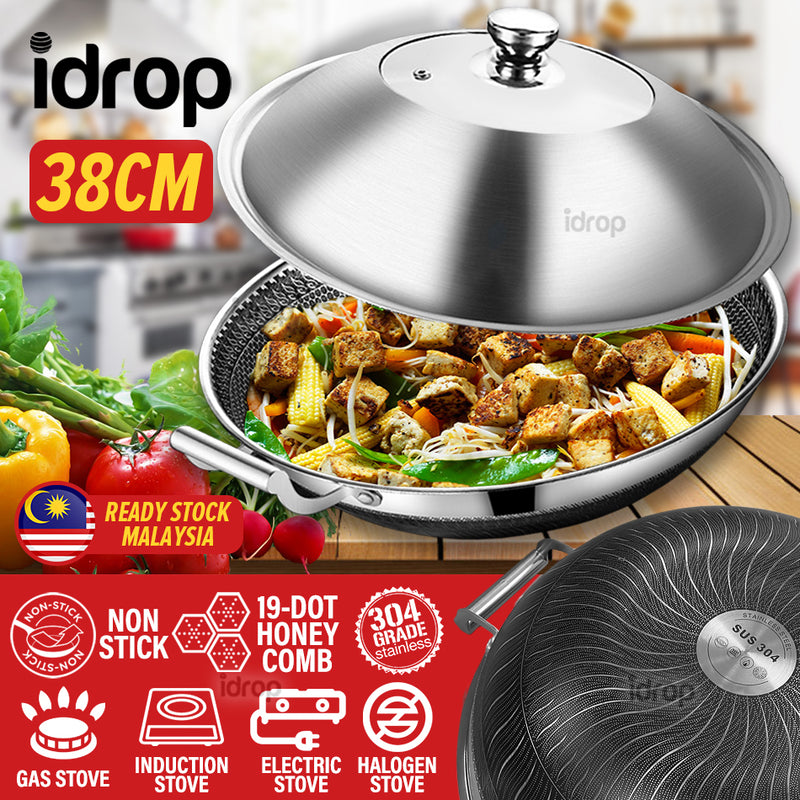 idrop 38CM Honeycomb Nonstick Kitchenware Cookware Cooking Wok Pot + Lid Cover